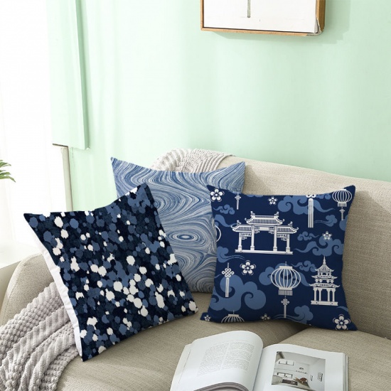 Picture of Blue Printed Peach Skin Fabric Square Pillowcase Home Textile