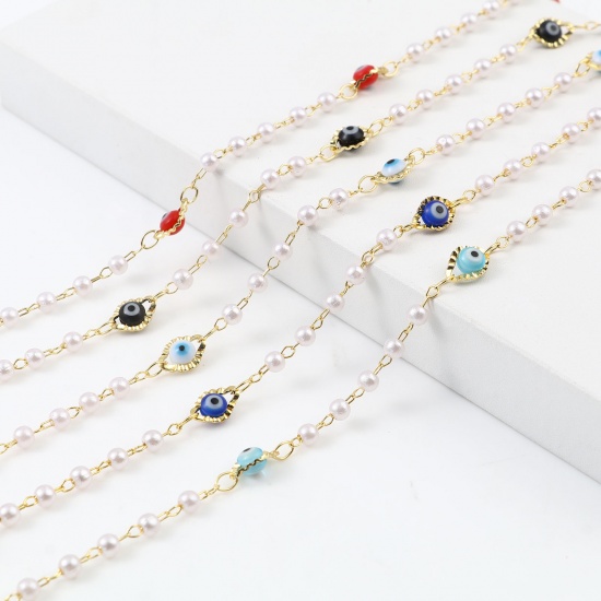 Picture of Brass & Acrylic Religious Chain Findings Imitation Pearl Marquise Evil Eye Gold Plated Multicolor 9x6mm, 1 M                                                                                                                                                  