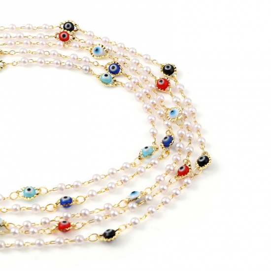 Picture of Brass & Acrylic Religious Chain Findings Imitation Pearl Marquise Evil Eye Gold Plated Multicolor 9x6mm, 1 M                                                                                                                                                  