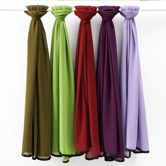 Picture of White - 20# Chiffon Women's Hijab Scarf Wrap Solid Color Black Edging 70x175cm, 1 Piece