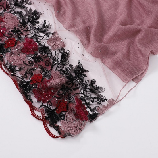 Picture of Watermelon Red - 12# Lace Flower Women's Hijab Scarf Wrap Hot Fix Rhinestone 85x180cm, 1 Piece