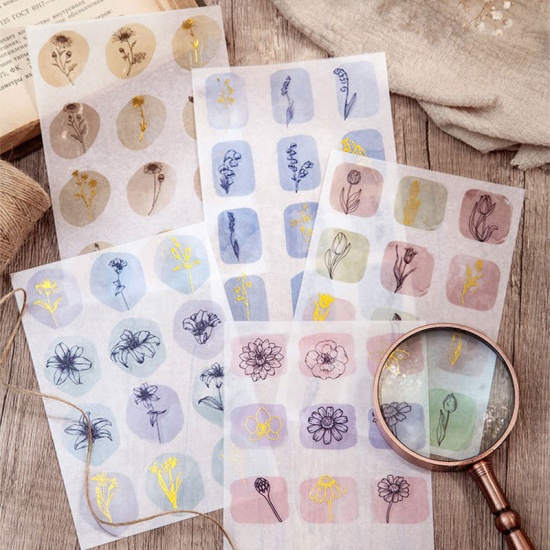 Immagine di Green - 8# Japanese Paper & PET Gold Stamping Flower DIY Scrapbook Stickers 14.8x10.5cm, 1 Set（2 PCs/Set）