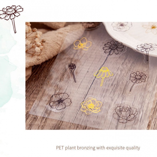Immagine di Green - 8# Japanese Paper & PET Gold Stamping Flower DIY Scrapbook Stickers 14.8x10.5cm, 1 Set（2 PCs/Set）