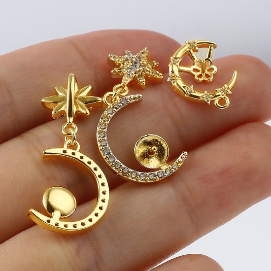Picture of Brass Galaxy Pearl Pendant Connector Bail Pin Cap 18K Real Gold Plated Micro Pave Clear Rhinestone 1 Piece                                                                                                                                                    