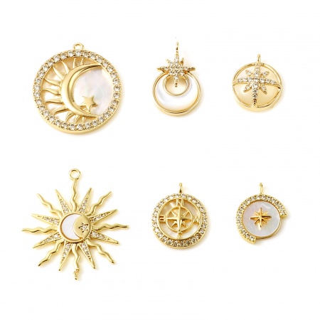 Breloques Galaxie en Coquille Naturelle & Laiton Plaqué Or Véritable 18K Blanc à Strass Transparent 1 Pièce