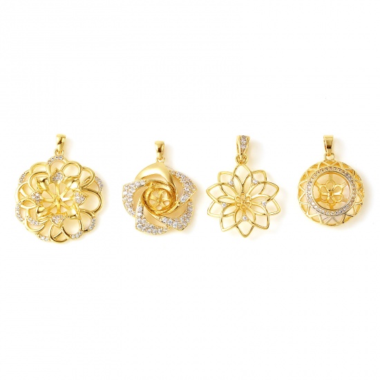 Picture of Brass Micro Pave Pearl Pendant Connector Bail Pin Cap 18K Real Gold Plated Flower Clear Rhinestone 1 Piece                                                                                                                                                    