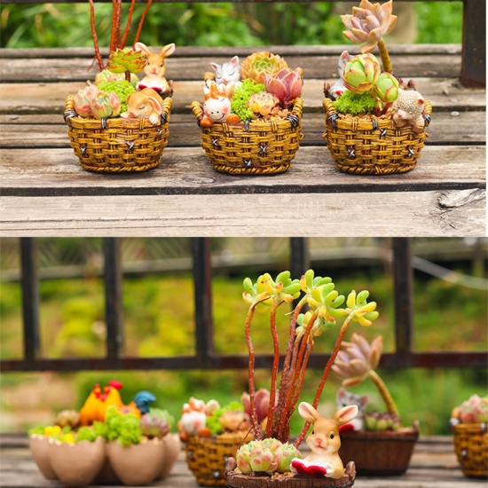 Picture of Brown - 10# Resin Cartoon Animal Basket Micro Landscape Small Flower Pot For Succulent 10.5x8x7.5cm, 1 Piece