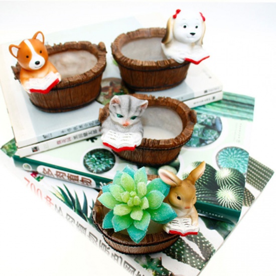 Picture of Brown - 10# Resin Cartoon Animal Basket Micro Landscape Small Flower Pot For Succulent 10.5x8x7.5cm, 1 Piece