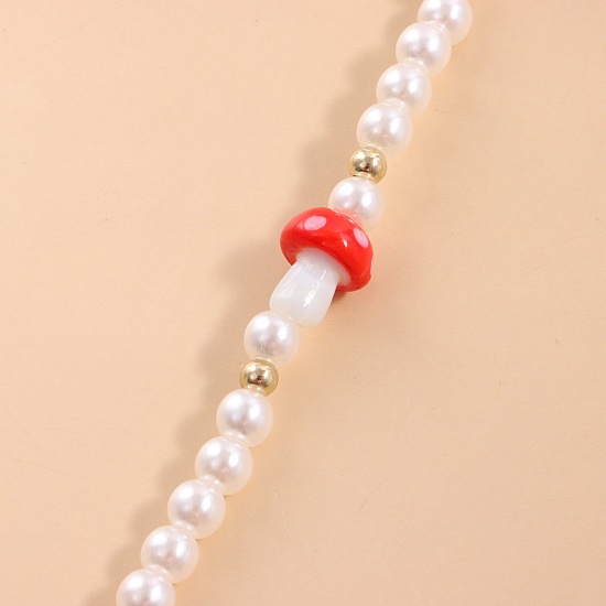 Immagine di Acrilato Collana di Perline Tono Argento Bianco & Rosso Fungo Imitata Perla 40cm Lunghezza, 1 Pz