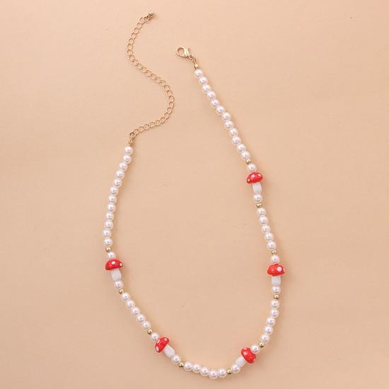 Immagine di Acrilato Collana di Perline Tono Argento Bianco & Rosso Fungo Imitata Perla 40cm Lunghezza, 1 Pz
