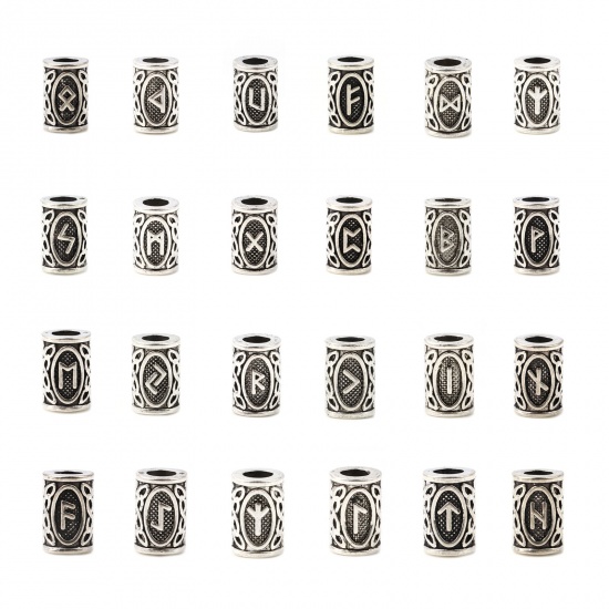 Image de Perles de Cheveux Tressés Dreadlock en Alliage de Zinc Colonne Argent Vieilli Rune Viking Gravé 13mm x 8mm, Trou: env. 4.7mm, 30 Pcs