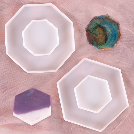 Picture of Silicone Resin Mold For Jewelry Making Coaster Octagon White 14.5cm x 13cm, 1 Piece