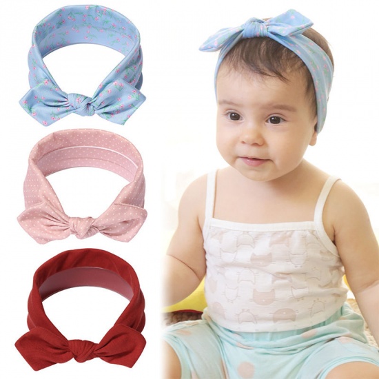 Immagine di Blue - 3# Flower Bowknot Cotton Elastic Headband For Baby Girls Newborn Infant 21x6cm, 1 Piece