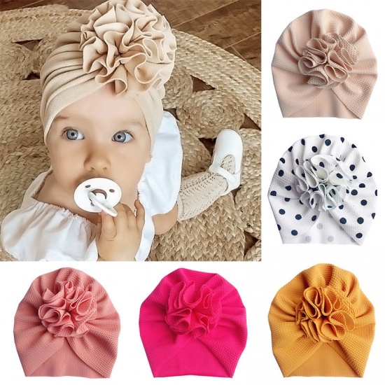Изображение White - Dot Big Flower Polyester Turban Hat Beanie Bonnet For 0-10 Months Baby Girls Newborn Infant 38cm long, 1 Piece