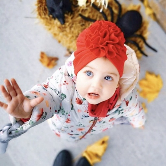 Immagine di White - Dot Big Flower Polyester Turban Hat Beanie Bonnet For 0-10 Months Baby Girls Newborn Infant 38cm long, 1 Piece
