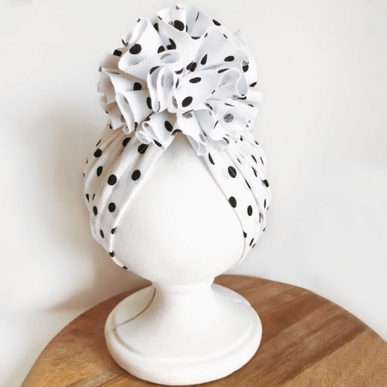 Immagine di White - Dot Big Flower Polyester Turban Hat Beanie Bonnet For 0-10 Months Baby Girls Newborn Infant 38cm long, 1 Piece