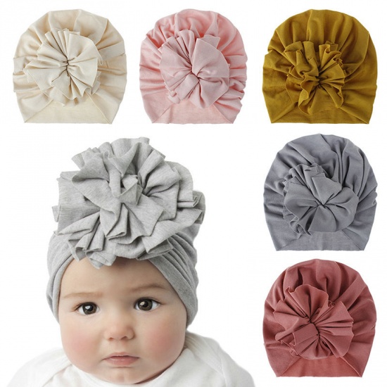 Immagine di Dark Pink - Big Flower Cotton Turban Hat Beanie Bonnet For 0-2 Years Old Baby Girls Newborn Infant 38cm - 42cm long, 1 Piece