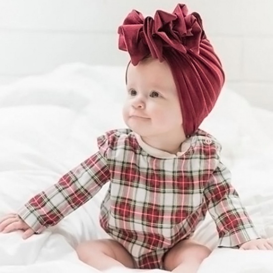 Picture of Dark Pink - Big Flower Cotton Turban Hat Beanie Bonnet For 0-2 Years Old Baby Girls Newborn Infant 38cm - 42cm long, 1 Piece