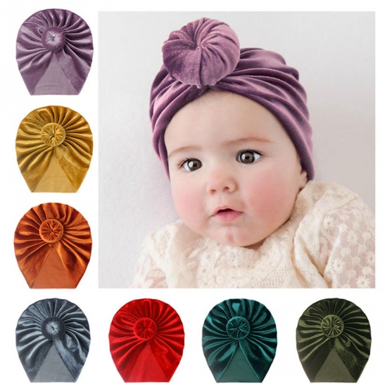 Immagine di Khaki - Tied Knot Velvet Turban Hat Beanie Bonnet For 0-2 Years Old Baby Girls Newborn Infant 38cm - 42cm long, 1 Piece