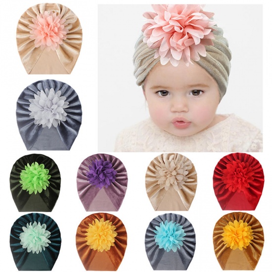 Bild von Orange Pink & Hellkhaki - Große Blume Samt Turban Hut Mütze Mütze Für 0-2 Jahre Baby Mädchen Neugeborenes 38cm - 42cm lang, 1 Stück
