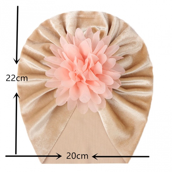Immagine di Orange Pink & Light Khaki - Big Flower Velvet Turban Hat Beanie Bonnet For 0-2 Years Old Baby Girls Newborn Infant 38cm - 42cm long, 1 Piece