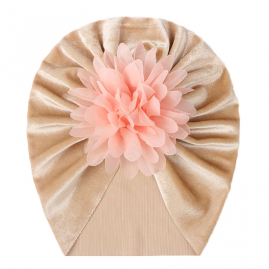 Immagine di Orange Pink & Light Khaki - Big Flower Velvet Turban Hat Beanie Bonnet For 0-2 Years Old Baby Girls Newborn Infant 38cm - 42cm long, 1 Piece