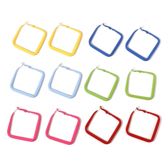 Picture of Hoop Earrings Multicolor Painted Rectangle 4.8cm x 4.5cm, Post/ Wire Size: (21 gauge), 1 Pair