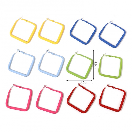 Picture of Hoop Earrings Multicolor Painted Rectangle 4.8cm x 4.5cm, Post/ Wire Size: (21 gauge), 1 Pair