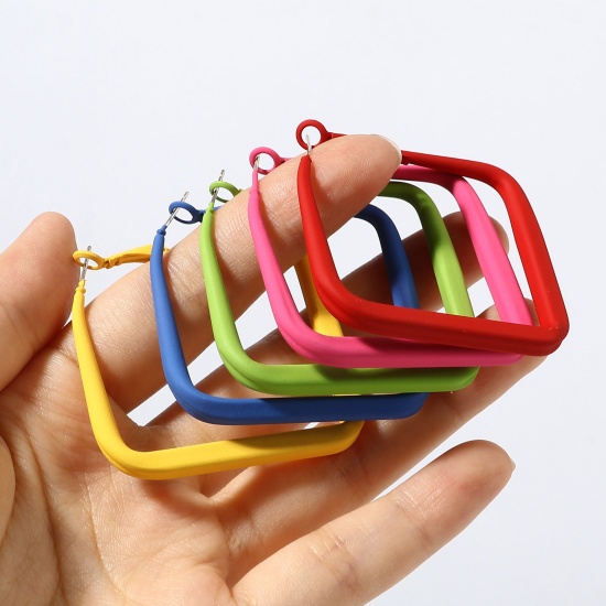 Picture of Hoop Earrings Multicolor Painted Rectangle 4.8cm x 4.5cm, Post/ Wire Size: (21 gauge), 1 Pair