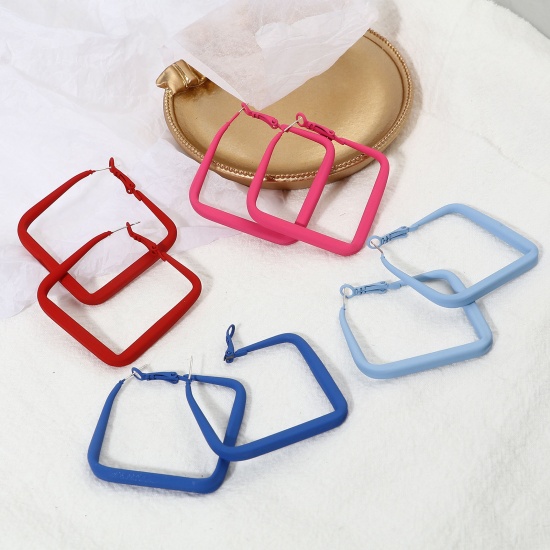 Picture of Hoop Earrings Multicolor Painted Rectangle 4.8cm x 4.5cm, Post/ Wire Size: (21 gauge), 1 Pair