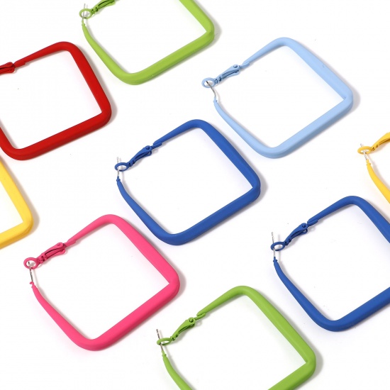 Picture of Hoop Earrings Multicolor Painted Rectangle 4.8cm x 4.5cm, Post/ Wire Size: (21 gauge), 1 Pair