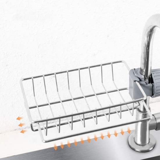 Immagine di Silver Tone - 4# Stainless Steel Faucet Drain Rack Kitchen Sink Sponge Holder 27.5x15cm, 1 Piece