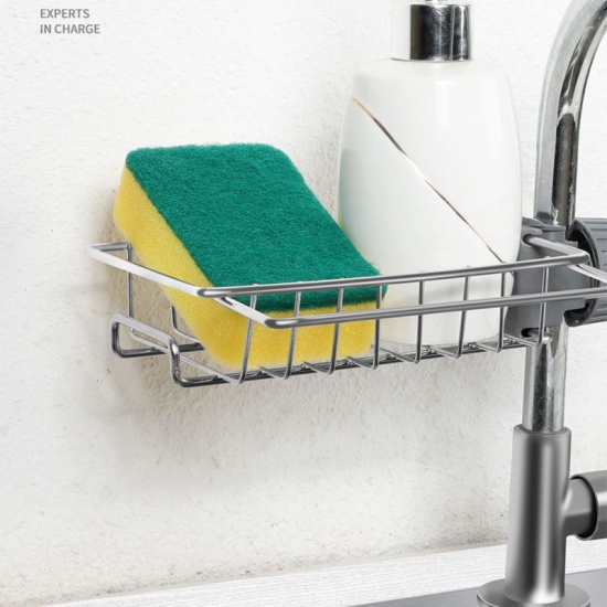 Immagine di Silver Tone - 4# Stainless Steel Faucet Drain Rack Kitchen Sink Sponge Holder 27.5x15cm, 1 Piece