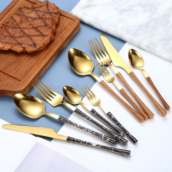 Picture of Golden - 430 Stainless Steel Wood Grain Flatware Cutlery Tableware Tea Spoon 14.5x2.6cm, 1 Piece