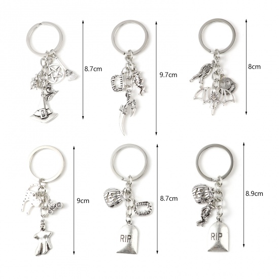Bild von Zinklegierung Schlüsselkette & Schlüsselring Silberfarbe Besen Halloween Hexe Plattiert 8.7cm, 2 Sets