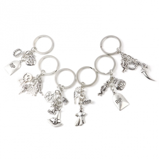Bild von Zinklegierung Schlüsselkette & Schlüsselring Silberfarbe Besen Halloween Hexe Plattiert 8.7cm, 2 Sets