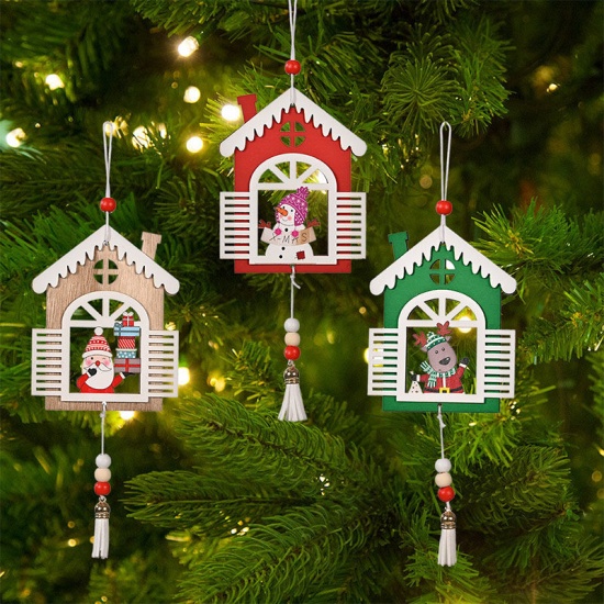 Immagine di Green - 3# Christmas Reindeer House With Tassel Wood Hanging Ornament Decoration 12x10cm, 1 Piece