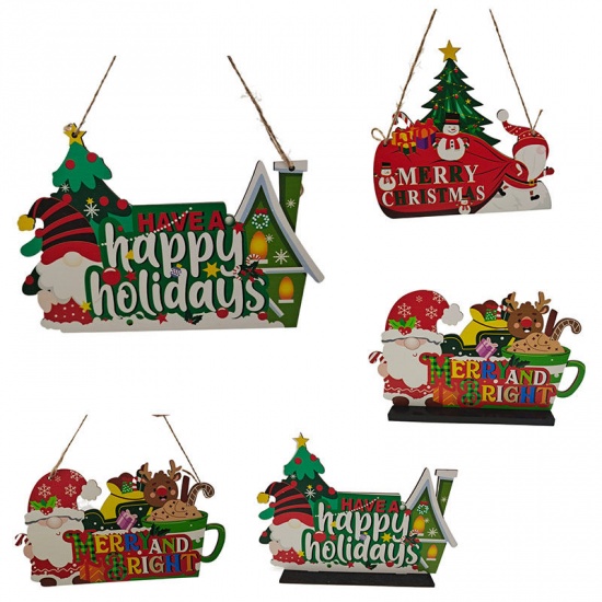 Immagine di Multicolor - 25# Painted Wooden Crafts Christmas Ornament Home Decoration 18.5x16cm, 1 Piece