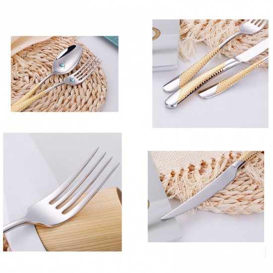 Immagine di Silver Tone - 304 Stainless Steel 4PCs/Set Knife Fork Spoon Tea Spoon Flatware Cutlery Tableware 14.7cm - 23cm long, 1 Set