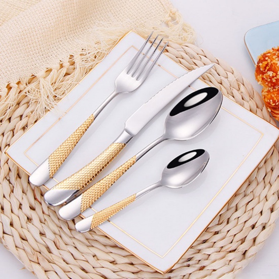 Immagine di Silver Tone - 304 Stainless Steel 4PCs/Set Knife Fork Spoon Tea Spoon Flatware Cutlery Tableware 14.7cm - 23cm long, 1 Set