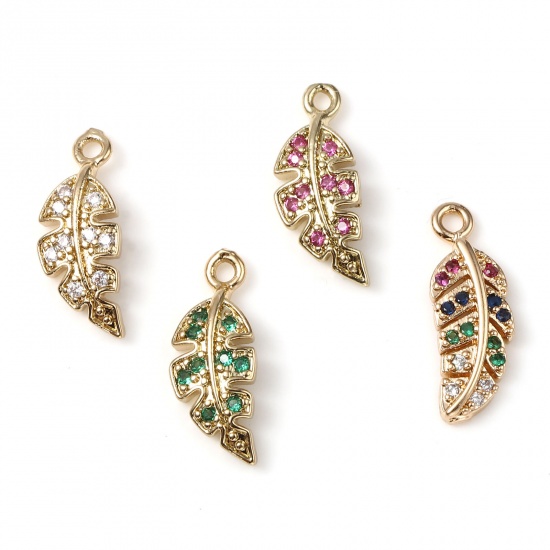 Imagen de Latón Micro Pave Colgantes Charms Chapado en Oro Hoja 16mm x 6mm, 5 Unidades