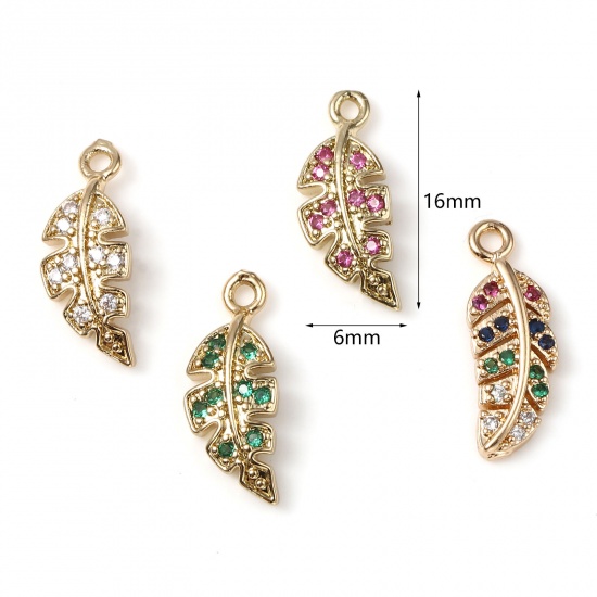 Imagen de Latón Micro Pave Colgantes Charms Chapado en Oro Hoja 16mm x 6mm, 5 Unidades