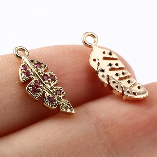 Imagen de Latón Micro Pave Colgantes Charms Chapado en Oro Hoja 16mm x 6mm, 5 Unidades