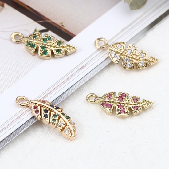 Imagen de Latón Micro Pave Colgantes Charms Chapado en Oro Hoja 16mm x 6mm, 5 Unidades