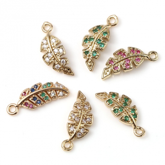 Imagen de Latón Micro Pave Colgantes Charms Chapado en Oro Hoja 16mm x 6mm, 5 Unidades