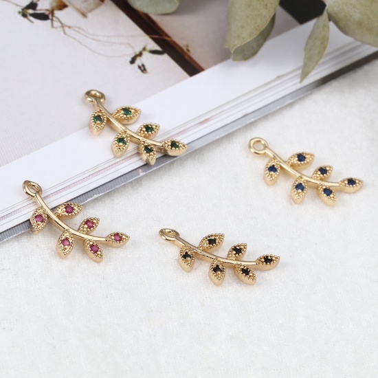 Imagen de Latón Micro Pave Colgantes Charms Chapado en Oro Hoja 19mm x 9mm, 5 Unidades