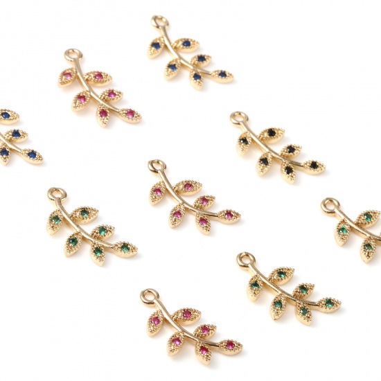 Imagen de Latón Micro Pave Colgantes Charms Chapado en Oro Hoja 19mm x 9mm, 5 Unidades