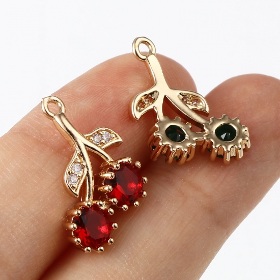 Image de Breloques Micro Pave en Laiton Cerise Doré 20mm x 11mm, 5 Pcs