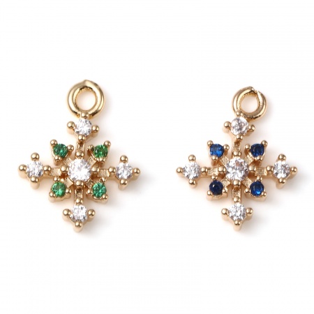 Brass Micro Pave Charms Gold Plated Christmas Snowflake 13mm x 10mm, 5 PCs