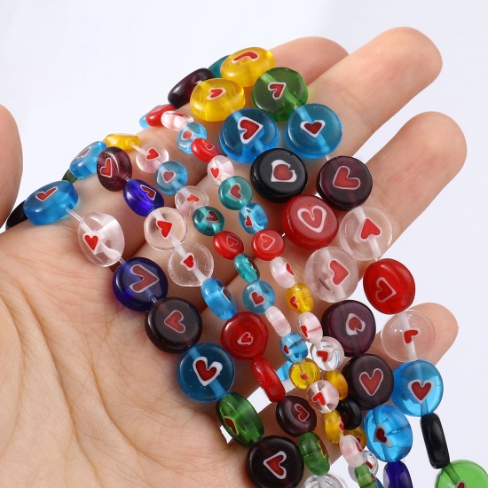 Picture of Lampwork Glass Valentine's Day Millefiori Beads Flat Round At Random Color Heart 1 Strand